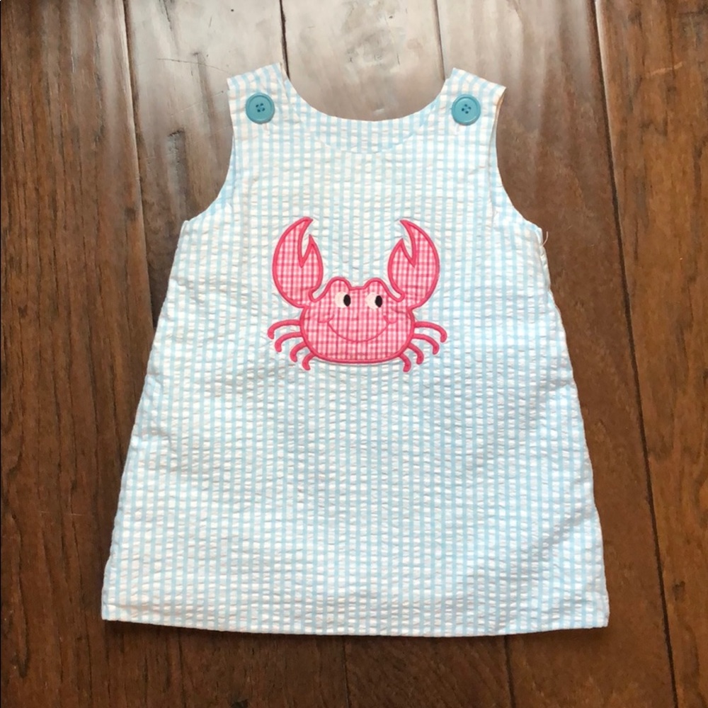 Smocked light blue gingham dress. 18 mos.